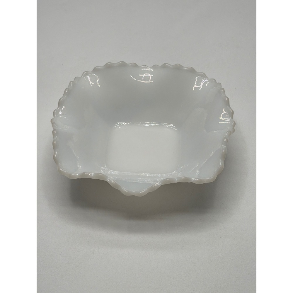 Vintage White Milk Glass Ruffled Square Bowl Hobnail Diamond Pattern 5.5 Inch